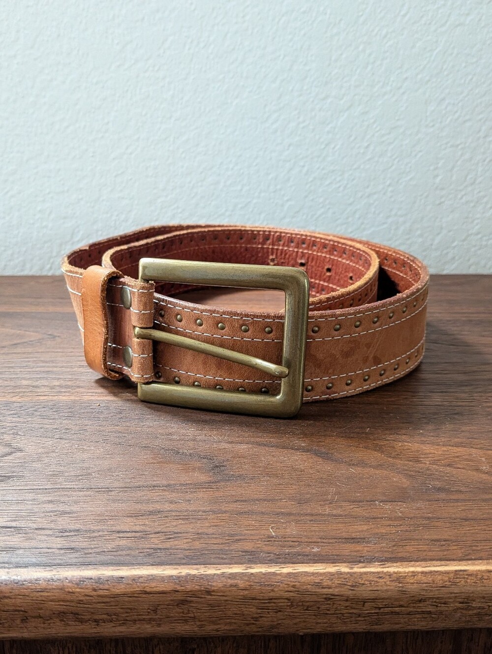 Banana Republic Tan Brown Leather Belt White Stitch Brass Studded Belt Size L